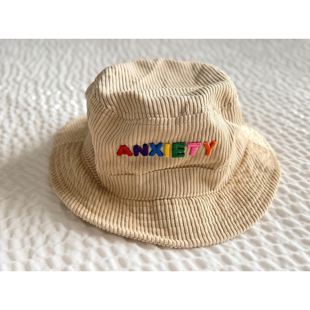 Spencer's Anxiety Corduroy Bucket Hat Cream Rainbow Embroidered Y2K